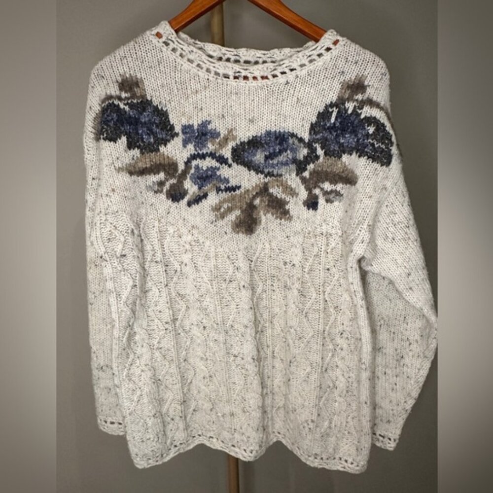 Vintage Weekend Edition Cable Knit Floral Sweater Cottagecore Embroidered Small